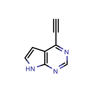 Chemical structure of 4-ethynyl-7H-pyrrolo[2,3-d]pyrimidine , CAS 1147014-44-5, AChemBlock Q53692