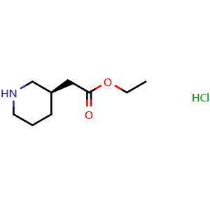 Chemical structure of ethyl (R)-2-(piperidin-3-yl)acetate hydrochloride , CAS 1233200-48-0, AChemBlock Q53701