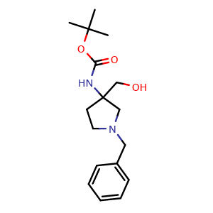 Chemical structure of tert-butyl (1-benzyl-3-(hydroxymethyl)pyrrolidin-3-yl)carbamate , CAS 475469-14-8, AChemBlock Q53705