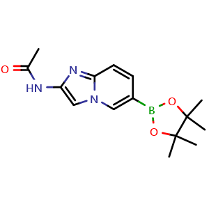 Chemical structure of N-(6-(4,4,5,5-tetramethyl-1,3,2-dioxaborolan-2-yl)imidazo[1,2-a]pyridin-2-yl)acetamide , CAS 947249-08-3, AChemBlock Q53733
