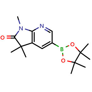 Chemical structure of 1,3,3-trimethyl-5-(4,4,5,5-tetramethyl-1,3,2-dioxaborolan-2-yl)-1,3-dihydro-2H-pyrrolo[2,3-b]pyridin-2-one , CAS 1257554-80-5, AChemBlock Q53744