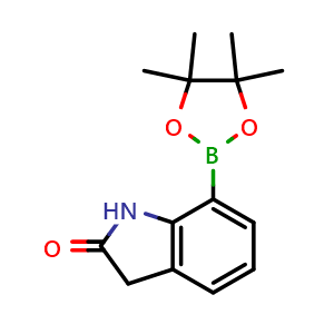 Chemical structure of 7-(4,4,5,5-tetramethyl-1,3,2-dioxaborolan-2-yl)indolin-2-one , CAS 1150271-45-6, AChemBlock Q53755