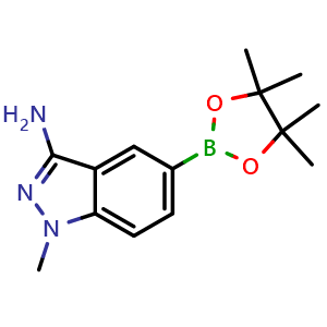 Chemical structure of 1-methyl-5-(4,4,5,5-tetramethyl-1,3,2-dioxaborolan-2-yl)-1H-indazol-3-amine , CAS 1220220-18-7, AChemBlock Q53764