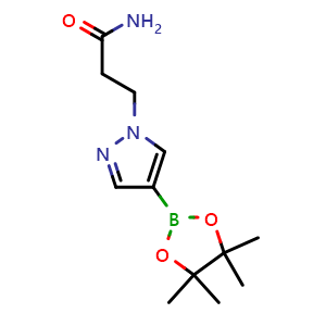 Chemical structure of 3-(4-(4,4,5,5-tetramethyl-1,3,2-dioxaborolan-2-yl)-1H-pyrazol-1-yl)propanamide , CAS 1093307-34-6, AChemBlock Q53765