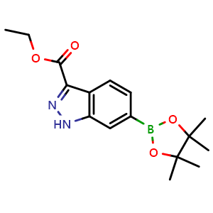 Chemical structure of ethyl 6-(4,4,5,5-tetramethyl-1,3,2-dioxaborolan-2-yl)-1H-indazole-3-carboxylate , CAS 947191-20-0, AChemBlock Q53790