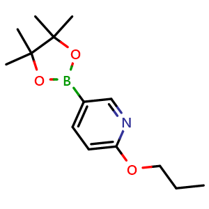 Chemical structure of 2-propoxy-5-(4,4,5,5-tetramethyl-1,3,2-dioxaborolan-2-yl)pyridine , CAS 1257553-85-7, AChemBlock Q53817
