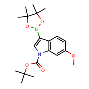 Chemical structure of tert-butyl 6-methoxy-3-(4,4,5,5-tetramethyl-1,3,2-dioxaborolan-2-yl)-1H-indole-1-carboxylate , CAS 1256360-00-5, AChemBlock Q53824