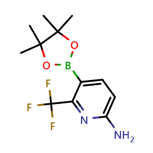 Chemical structure of 5-(4,4,5,5-tetramethyl-1,3,2-dioxaborolan-2-yl)-6-(trifluoromethyl)pyridin-2-amine , CAS 1628185-65-8, AChemBlock Q53830