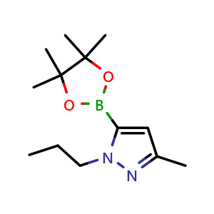 Chemical structure of 3-methyl-1-propyl-5-(4,4,5,5-tetramethyl-1,3,2-dioxaborolan-2-yl)-1H-pyrazole , CAS 847818-80-8, AChemBlock Q53835