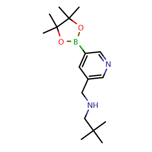 Chemical structure of 2,2-dimethyl-N-((5-(4,4,5,5-tetramethyl-1,3,2-dioxaborolan-2-yl)pyridin-3-yl)methyl)propan-1-amine , CAS 919347-21-0, AChemBlock Q53836