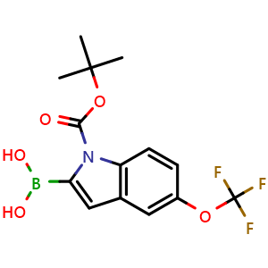 Chemical structure of 1-(1,1-Dimethylethyl) 2-borono-5-(trifluoromethoxy)-1H-indole-1-carboxylate , CAS 1034566-16-9, AChemBlock Q53852