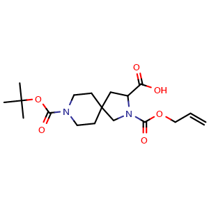 Chemical structure of 2-((allyloxy)carbonyl)-8-(tert-butoxycarbonyl)-2,8-diazaspiro[4.5]decane-3-carboxylic acid , CAS 1250991-77-5, AChemBlock Q53869