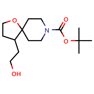 Chemical structure of tert-butyl 4-(2-hydroxyethyl)-1-oxa-8-azaspiro[4.5]decane-8-carboxylate , CAS 1824023-95-1, AChemBlock Q53898