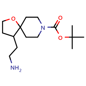 Chemical structure of tert-butyl 4-(2-aminoethyl)-1-oxa-8-azaspiro[4.5]decane-8-carboxylate , CAS 1824023-57-5, AChemBlock Q53899