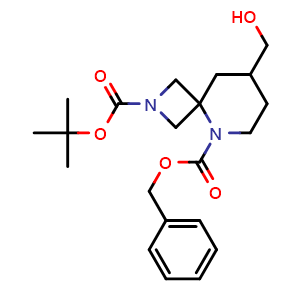 Chemical structure of 5-benzyl 2-(tert-butyl) 8-(hydroxymethyl)-2,5-diazaspiro[3.5]nonane-2,5-dicarboxylate , CAS 1823417-97-5, AChemBlock Q53911