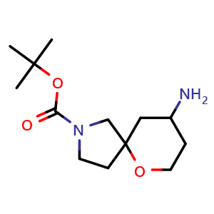 Chemical structure of tert-butyl 9-amino-6-oxa-2-azaspiro[4.5]decane-2-carboxylate , CAS 1822511-77-2, AChemBlock Q53920