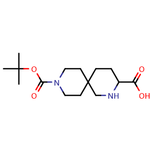 Chemical structure of 9-(tert-butoxycarbonyl)-2,9-diazaspiro[5.5]undecane-3-carboxylic acid , CAS 1822505-41-8, AChemBlock Q53921