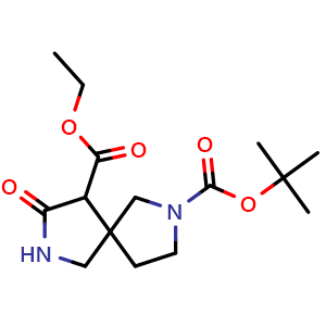 Chemical structure of 2-(tert-butyl) 9-ethyl 8-oxo-2,7-diazaspiro[4.4]nonane-2,9-dicarboxylate , CAS 1445951-14-3, AChemBlock Q54027