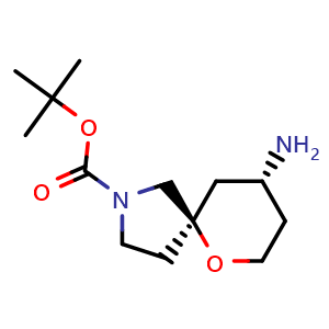 Chemical structure of tert-butyl (5R,9R)-9-amino-6-oxa-2-azaspiro[4.5]decane-2-carboxylate , CAS 1445950-81-1, AChemBlock Q54029