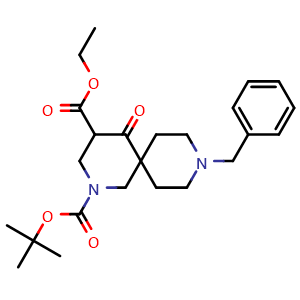 Chemical structure of 2-(tert-butyl) 4-ethyl 9-benzyl-5-oxo-2,9-diazaspiro[5.5]undecane-2,4-dicarboxylate , CAS 1445950-87-7, AChemBlock Q54031