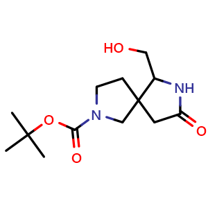 Chemical structure of tert-butyl 6-(hydroxymethyl)-8-oxo-2,7-diazaspiro[4.4]nonane-2-carboxylate , CAS 1422344-27-1, AChemBlock Q54034