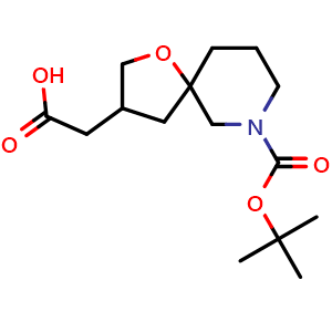 Chemical structure of 2-(7-(tert-Butoxycarbonyl)-1-oxa-7-azaspiro[4.5]decan-3-yl)acetic acid , CAS 1422344-25-9, AChemBlock Q54040
