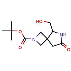 Chemical structure of tert-Butyl 5-(hydroxymethyl)-7-oxo-2,6-diazaspiro[3.4]octane-2-carboxylate , CAS 1357353-37-7, AChemBlock Q54072