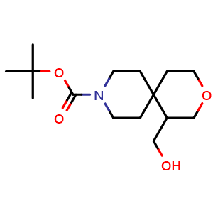 Chemical structure of tert-butyl 1-(hydroxymethyl)-3-oxa-9-azaspiro[5.5]undecane-9-carboxylate , CAS 1357352-71-6, AChemBlock Q54078