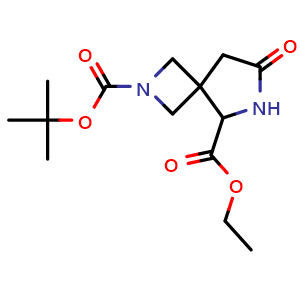 Chemical structure of 2-(tert-butyl) 5-ethyl 7-oxo-2,6-diazaspiro[3.4]octane-2,5-dicarboxylate , CAS 1357351-87-1, AChemBlock Q54079