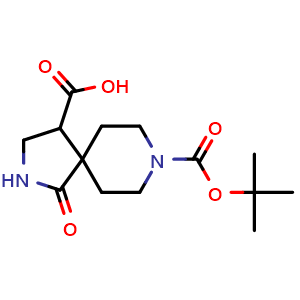 Chemical structure of 8-(tert-butoxycarbonyl)-1-oxo-2,8-diazaspiro[4.5]decane-4-carboxylic acid , CAS 1357351-88-2, AChemBlock Q54080