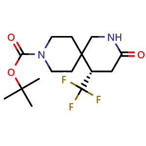 Chemical structure of tert-butyl (S)-3-oxo-5-(trifluoromethyl)-2,9-diazaspiro[5.5]undecane-9-carboxylate , CAS 1341192-02-6, AChemBlock Q54083