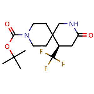 Chemical structure of tert-butyl (R)-3-oxo-5-(trifluoromethyl)-2,9-diazaspiro[5.5]undecane-9-carboxylate , CAS 1341192-03-7, AChemBlock Q54084