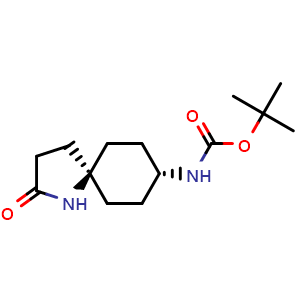 Chemical structure of tert-butyl ((5r,8r)-2-oxo-1-azaspiro[4.5]decan-8-yl)carbamate , CAS 1341039-49-3, AChemBlock Q54085