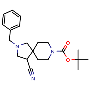 Chemical structure of tert-butyl 2-benzyl-4-cyano-2,8-diazaspiro[4.5]decane-8-carboxylate , CAS 1341038-86-5, AChemBlock Q54089
