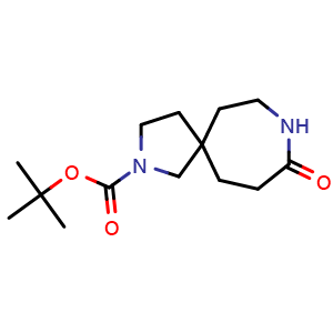 Chemical structure of tert-butyl 9-oxo-2,8-diazaspiro[4.6]undecane-2-carboxylate , CAS 1341039-06-2, AChemBlock Q54091