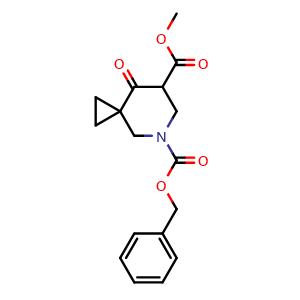 Chemical structure of 5-benzyl 7-methyl 8-oxo-5-azaspiro[2.5]octane-5,7-dicarboxylate , CAS 1232542-20-9, AChemBlock Q54131