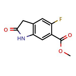 Chemical structure of methyl 5-fluoro-2-oxoindoline-6-carboxylate , CAS 1251023-54-7, AChemBlock Q54198