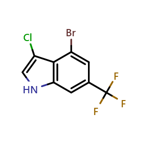 Chemical structure of 4-bromo-3-chloro-6-(trifluoromethyl)-1H-indole , CAS 2168146-22-1, AChemBlock Q54228