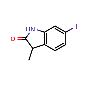 Chemical structure of 6-iodo-3-methylindolin-2-one , CAS 2092716-76-0, AChemBlock Q54229