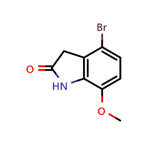 Chemical structure of 4-bromo-7-methoxyindolin-2-one , CAS 1162262-04-5, AChemBlock Q54236