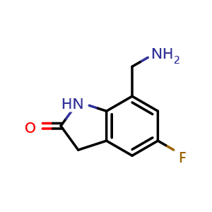 Chemical structure of 7-(aminomethyl)-5-fluoroindolin-2-one , CAS 1267172-87-1, AChemBlock Q54245