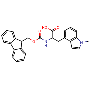 Chemical structure of 2-((((9H-fluoren-9-yl)methoxy)carbonyl)amino)-3-(1-methyl-1H-indol-4-yl)propanoic acid , CAS 2306263-04-5, AChemBlock Q54259