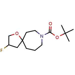 Chemical structure of tert-butyl 3-fluoro-1-oxa-8-azaspiro[4.6]undecane-8-carboxylate , CAS 2306261-52-7, AChemBlock Q54419