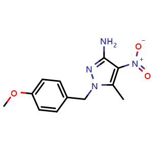 Chemical structure of 1-(4-methoxybenzyl)-5-methyl-4-nitro-1H-pyrazol-3-amine , CAS 2227204-81-9, AChemBlock Q54424