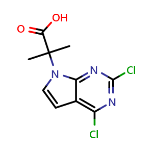Chemical structure of 2-(2,4-dichloro-7H-pyrrolo[2,3-d]pyrimidin-7-yl)-2-methylpropanoic acid , CAS 2306276-45-7, AChemBlock Q54435