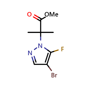 Chemical structure of methyl 2-(4-bromo-5-fluoro-1H-pyrazol-1-yl)-2-methylpropanoate , CAS 2092077-14-8, AChemBlock Q54456