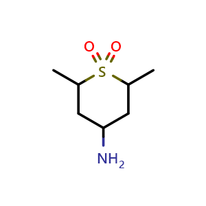 Chemical structure of 4-amino-2,6-dimethyltetrahydro-2H-thiopyran 1,1-dioxide , CAS 2091064-32-1, AChemBlock Q54460