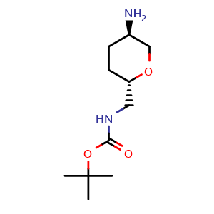 Chemical structure of tert-butyl (((2S,5R)-5-aminotetrahydro-2H-pyran-2-yl)methyl)carbamate , CAS 1638744-98-5, AChemBlock Q54486