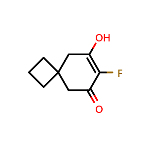 Chemical structure of 7-fluoro-8-hydroxyspiro[3.5]non-7-en-6-one , CAS 2227205-62-9, AChemBlock Q54499