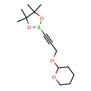 Chemical structure of 4,4,5,5-tetramethyl-2-(3-((tetrahydro-2H-pyran-2-yl)oxy)prop-1-yn-1-yl)-1,3,2-dioxaborolane , CAS 1068163-32-5, AChemBlock Q54504